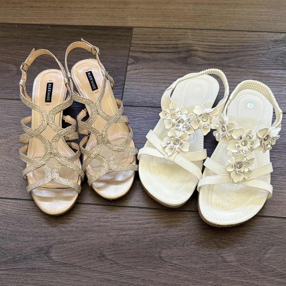2 Elegant Women's Sandals - white with crystals and Gold